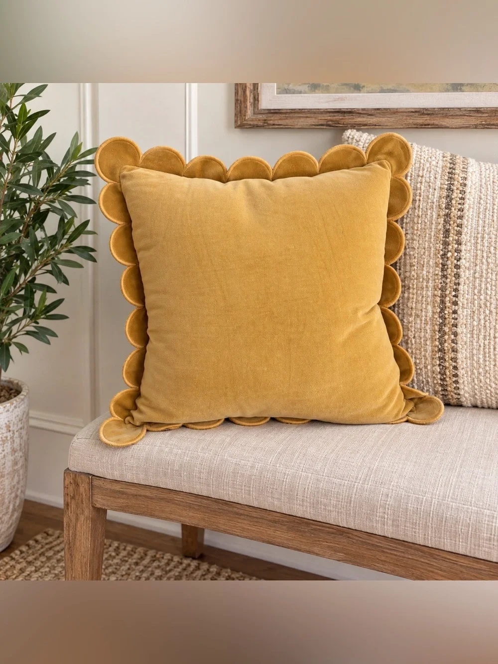 Creative Co-Op Mustard Cotton Velvet Scalloped Flange Throw Pillow 18”NWT
